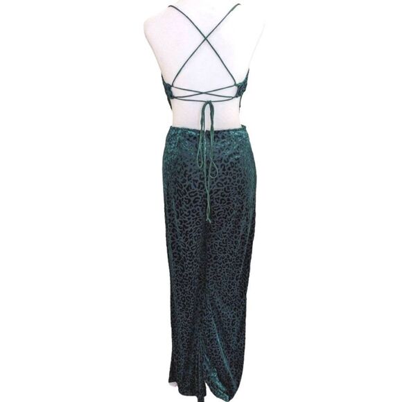 Miss Avenue Green Velvet Burnout leopard animal backless Cutout jumpsuit M - Picture 6 of 10